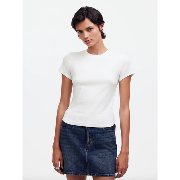 Madewell Regenerative Cotton Ribbed Crewneck Tee Shirt Eyelet White Small NWT - Picture 1 of 13